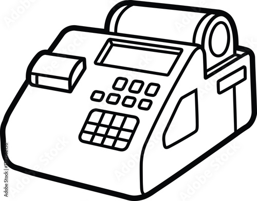 A black and white line drawing of a fax machine with a keypad and paper roll.