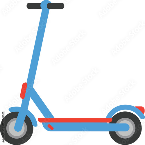 A simple, flat illustration of a blue kick scooter with red accents, featuring two wheels and handlebars.