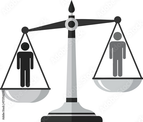 A black and white silhouette of a person on each side of a balanced scale, symbolizing equality and justice.