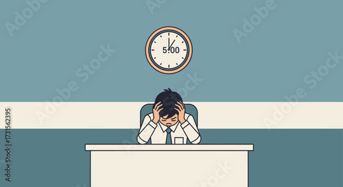 Cartoon illustration depicting a stressed office worker at five o'clock due to work pressure