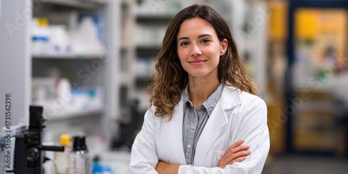 Confident Female Scientist in White Lab Coat Engaged in Research and Experimentation Inside Modern Laboratory Surrounded by High Tech Equipment and Tools