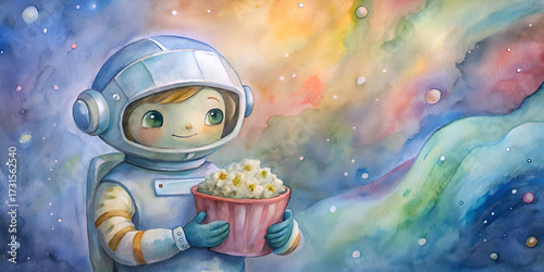 Adorable Astronaut with Popcorn in Space. Watercolor Painting