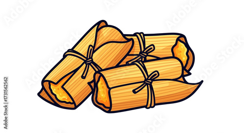 A vibrant digital illustration featuring a stack of traditional tamales on white