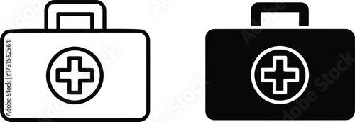 Two icons of a medical first aid kit, one in outline and the other in solid black, both featuring a white cross within a circle.