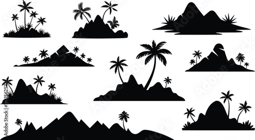 Tropical island vector silhouettes with palm trees, exotic paradise landscape design, summer beach vacation illustration, nature mountain scenery, travel destination artwork