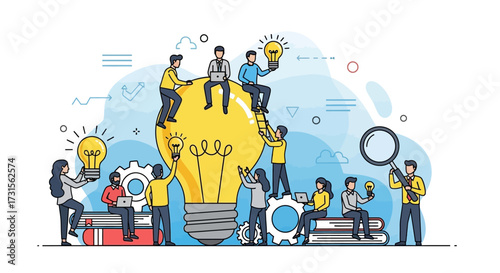 Creative team generating ideas, collaborating and working to achieve a common goal around a big