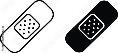 Two band-aids, one outlined in black and white, the other filled in black with a white outline, both showing a textured pad.