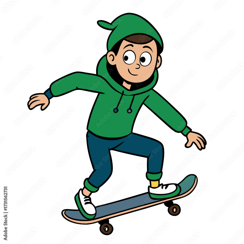 Obraz premium Cartoon Young Man in Green Hoodie, Casual Style, Playful and Fun Character Illustration