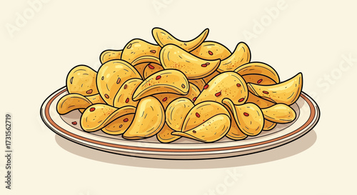 Hand-drawn illustration of crispy potato chips on a plate with spicy seasoning and snack time