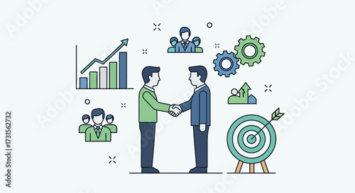 Business partnership achievement concept depicted through handshake and growth symbols