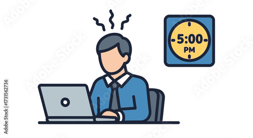 Illustration of a stressed employee working overtime at 5 pm with a laptop