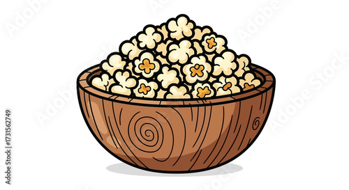 Cartoon illustration of a wooden bowl overflowing with delicious buttery popcorn snack