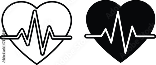 Two heart icons with electrocardiogram lines, one outlined and one solid black.