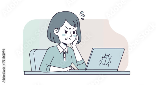 Frustrated woman facing a computer bug problem and looking annoyed with a stressed expression at