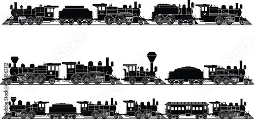 Vintage steam locomotive silhouettes, historical train engines, antique railway transport, industrial era machines, retro steam trains, black vector illustration