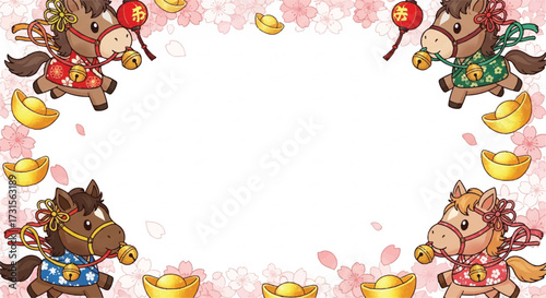 Cartoon illustration featuring four horses in festive attire, surrounded by gold ingots and cherry blossom petals, creating a frame.