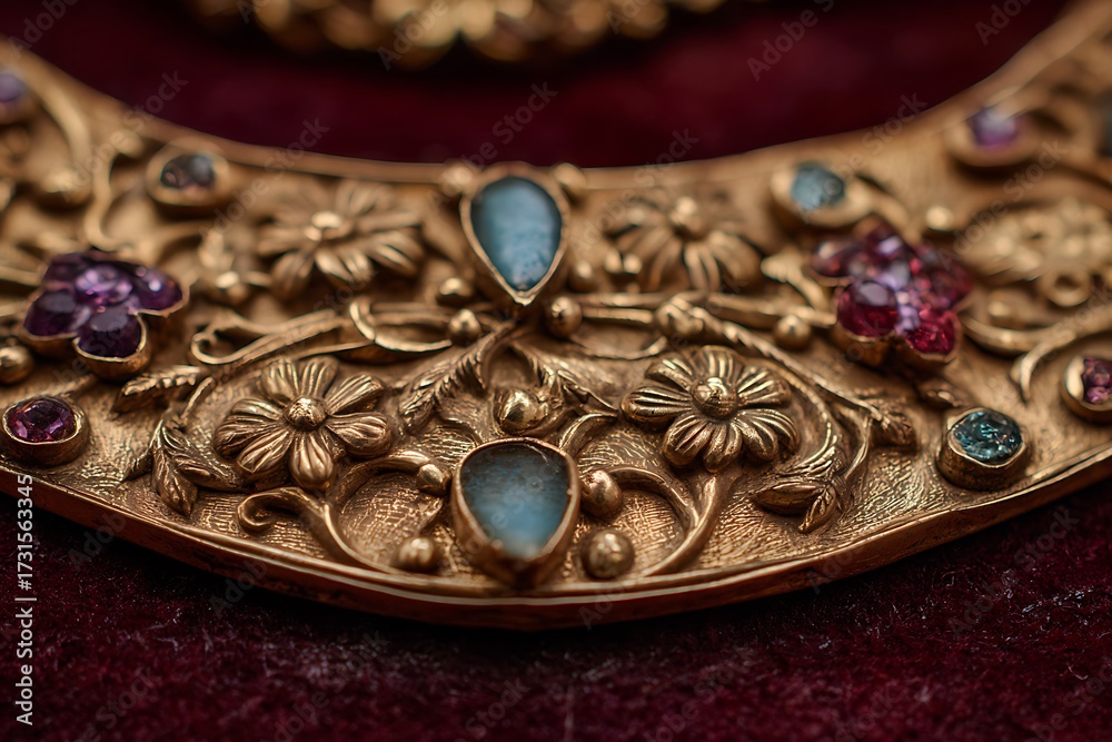 Obraz premium Close-up of an antique gold necklace with intricate floral engravings and delicate gemstone inlays, displayed on a velvet background