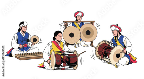 Korean Traditional Percussion Ensemble Performing Samulnori, Wearing Hanbok Costumes, Playing Instruments like Gongs, Buk, and Janggu on White Background