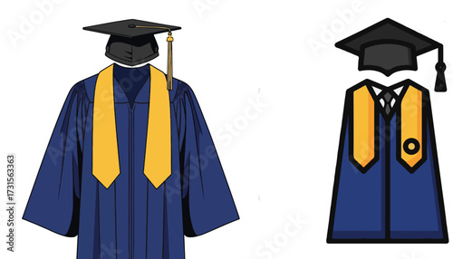 Academic Graduation Attire with Cap, Gown, and Stole in Detailed and Icon Styles