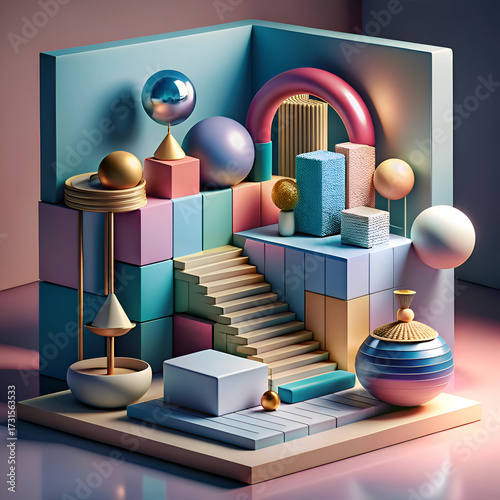 Abstract 3D Render. Geometric Shapes in Pastel Colors