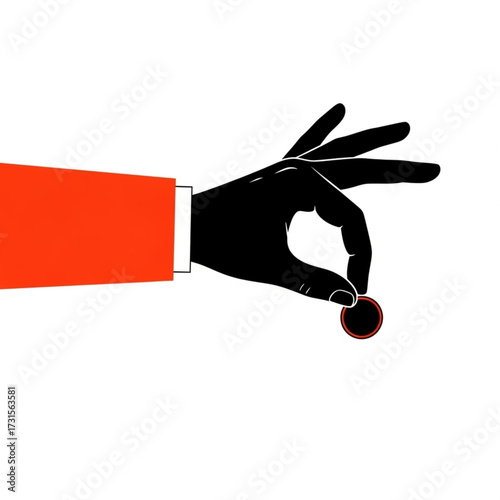 /output/w (1).epsA black hand wearing a red suit sleeve holds a small, round, dark object between its thumb and index finger, isolated on a white background