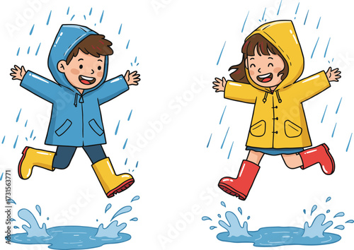 Happy children jumping in rainy weather wearing colorful raincoats and boots, cheerful kids splashing puddles cartoon vector illustration for fun outdoor activities