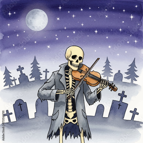 A skeleton in a tattered coat plays a violin in a graveyard under a starry moonlit sky.