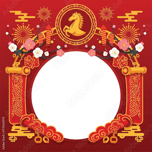Ornate red and gold Chinese New Year frame with a horse zodiac symbol, plum blossoms, and decorative clouds surrounding a blank white circular space.