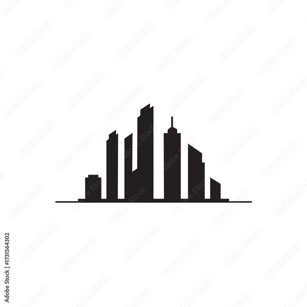 Naklejka premium A sleek, modern black silhouette of a dynamic urban city skyline with towering skyscrapers, representing growth and contemporary architectural design.