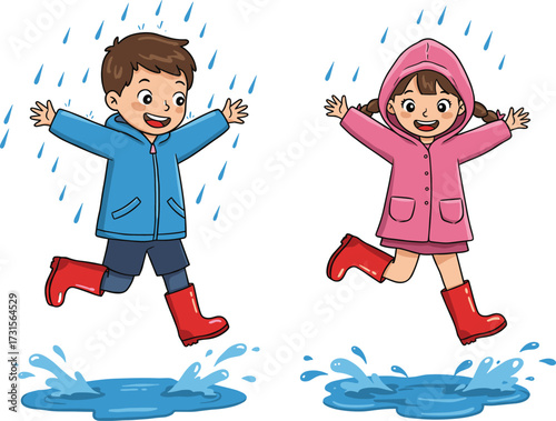 Happy children jumping in rainy weather wearing colorful raincoats and boots, playful kids splashing water puddles cartoon vector illustration design