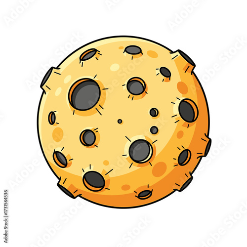 Cartoon illustration of a yellow moon with craters and a detailed surface, isolated on white.