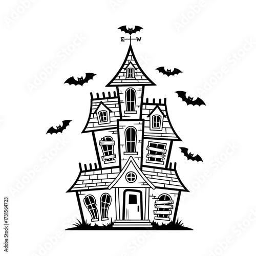 Black and white illustration of a spooky haunted house with multiple windows, a tall roof, and flying bats, perfect for Halloween.