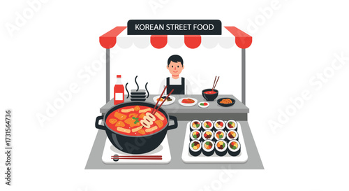 Korean Street Food Stall with Vendor, Offering Tteokbokki and Kimbap, Delicious Culinary Treats, Capturing the Vibrant Essence of Seouls Street Food Scene