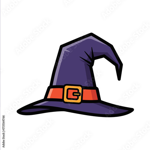 A cartoon illustration of a classic purple witch hat with a wide brim, orange band, and gold buckle, isolated on a white background.