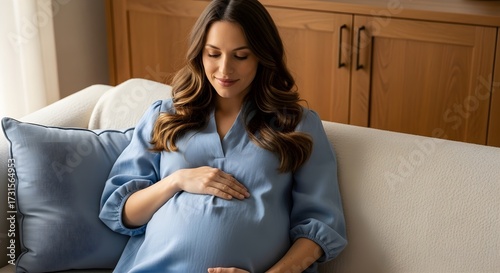 A Beautiful Pregnant Woman Embracing Her Baby Bump in a Cozy Living Room Setting