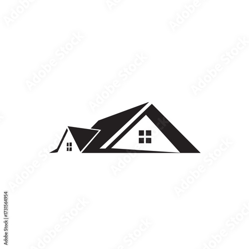 A sleek, modern black and white vector logo design featuring two overlapping house roofs with windows, symbolizing home, shelter, and property.