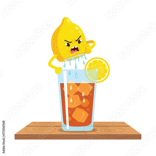 Animated lemon character squeezing juice into a refreshing iced beverage with ice cubes.