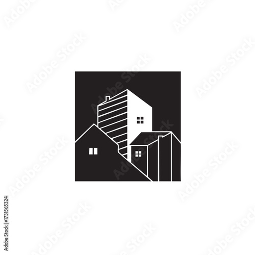 A minimalist black and white graphic illustration depicting a stylized urban landscape with varied architectural structures, perfect for modern real estate branding.
