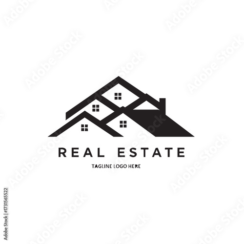 This minimalist black silhouette logo, featuring multiple house roofs and windows, embodies the modern real estate industry, ideal for property agencies or developers.