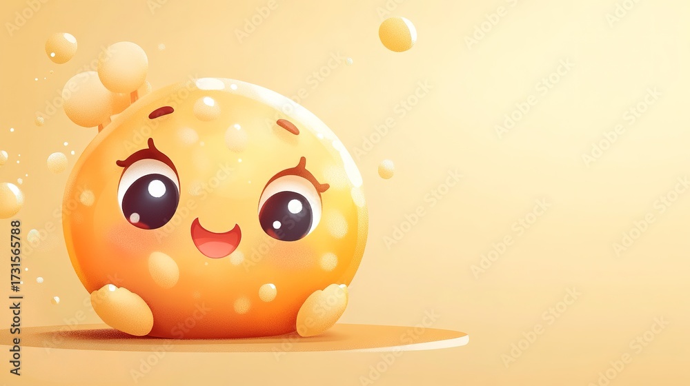 Fototapeta premium A cheerful, cartoonish yellow character with big eyes and a smile, surrounded by bubbles on a soft yellow background.