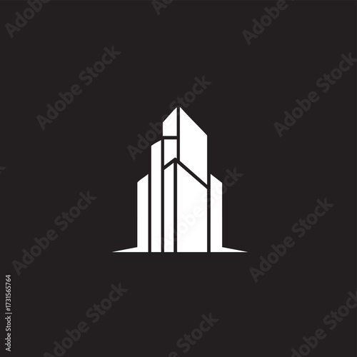 A striking, minimalist white silhouette of a modern skyscraper or urban building complex stands prominently against a dark background, ideal for contemporary branding.