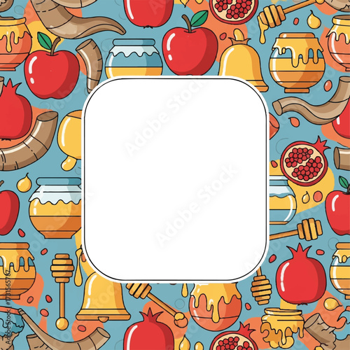Seamless pattern featuring Rosh Hashanah symbols: apples, honey jars, pomegranates, shofars, and honey dippers on a blue background with a white frame.