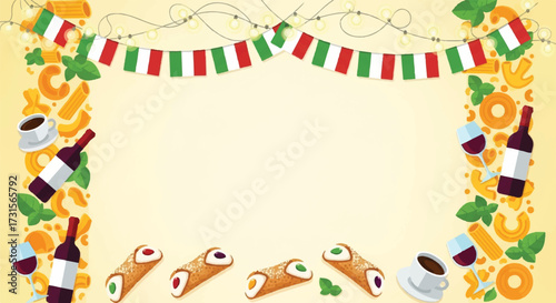 Italian themed frame with cannoli, pasta, wine, coffee, basil, and a banner of Italian flags.