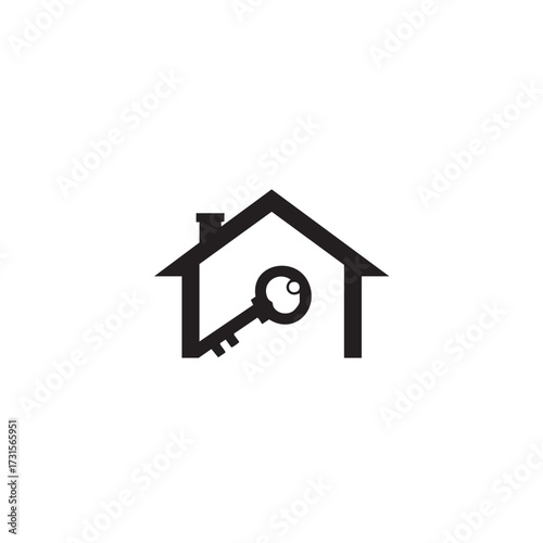 A minimalist graphic design featuring a house outline encompassing a large key, symbolizing home ownership, property security, and real estate solutions.