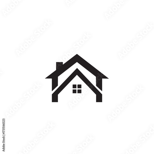 A minimalist black and white graphic illustrating two stylized house shapes, one nested within the other, symbolizing real estate, home, and property concepts.