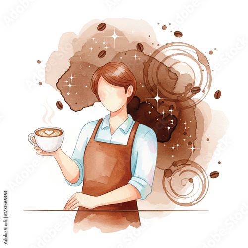 Watercolor illustration of a barista holding a cup of coffee with a heart design in the foam, set against a brown abstract background.