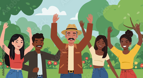 Illustration of diverse people celebrating outdoors in a park with festive atmosphere.