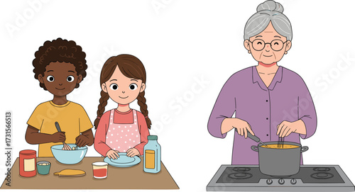 Happy grandmother cooking delicious food with two kids helping in kitchen preparing meal family cooking activity illustration for home kitchen vector