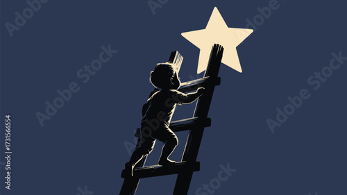 Inspiring illustration of a determined child climbing a ladder towards a bright star, symbolizing success, ambition, and chasing dreams