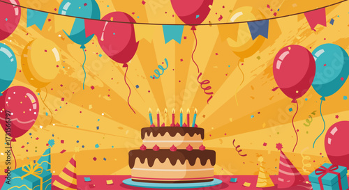 illustration of a birthday celebration with balloons, cake, and confetti in a festive design.